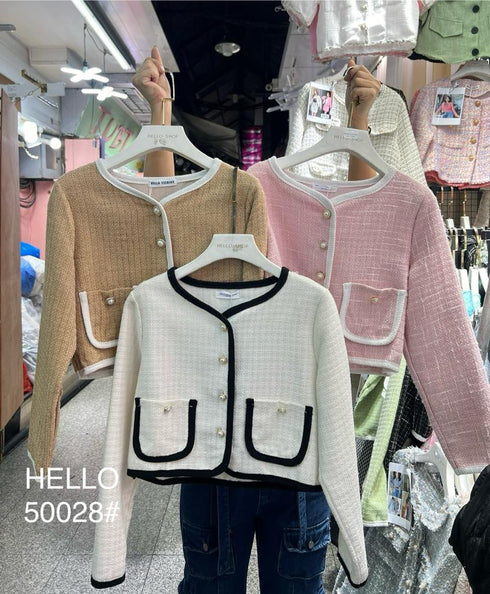 Crew Neck Tweed Button -Up Crop Jacket